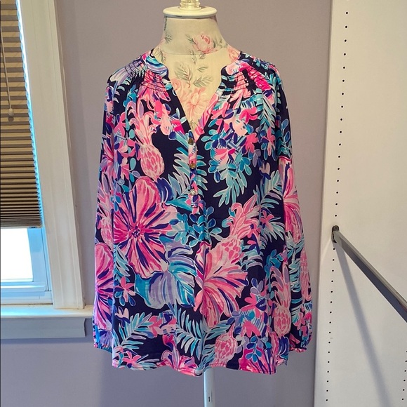 Lilly Pulitzer Elsa Silk toPink and Blue Long Sleeve Blouse - Picture 2 of 11